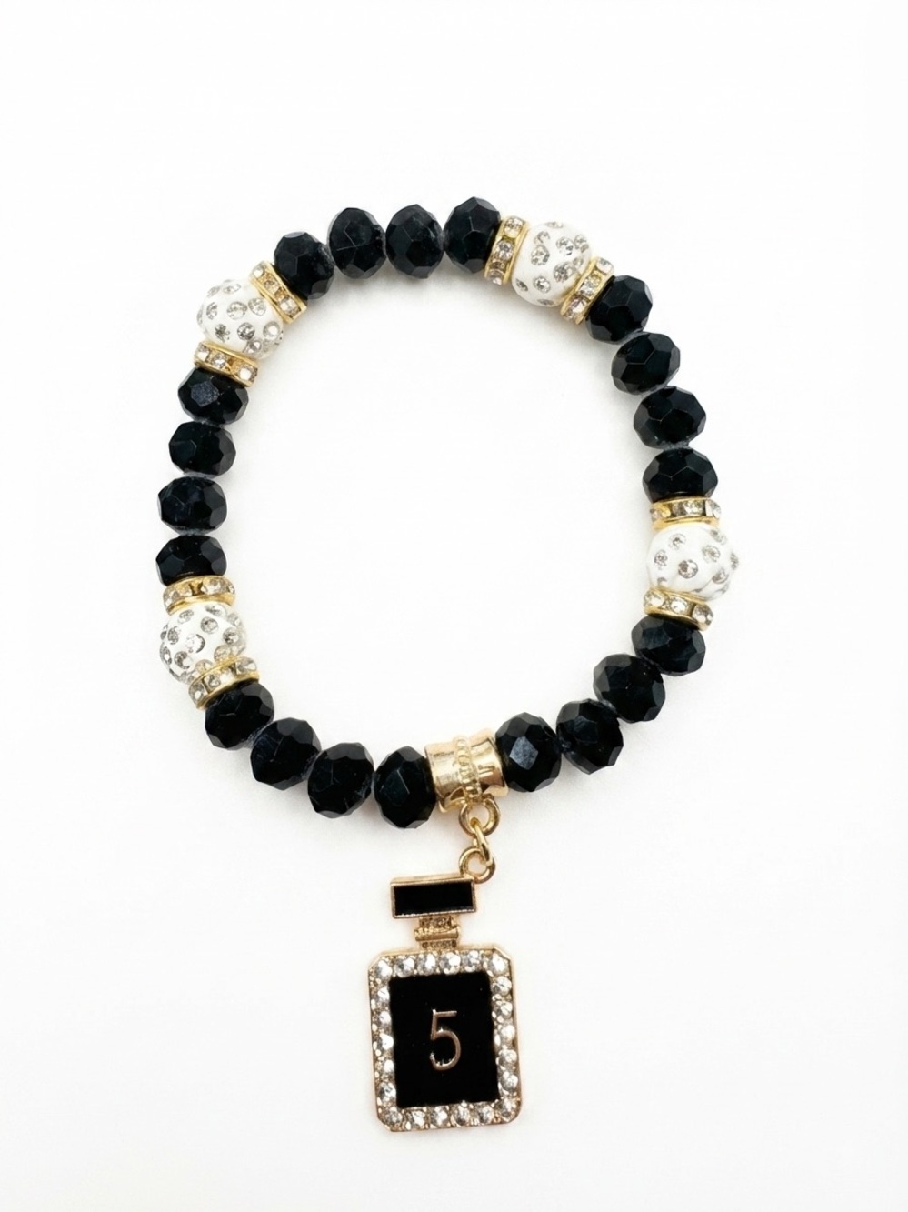 Crystal Bead Bracelet with Black Perfume Bottle Charm